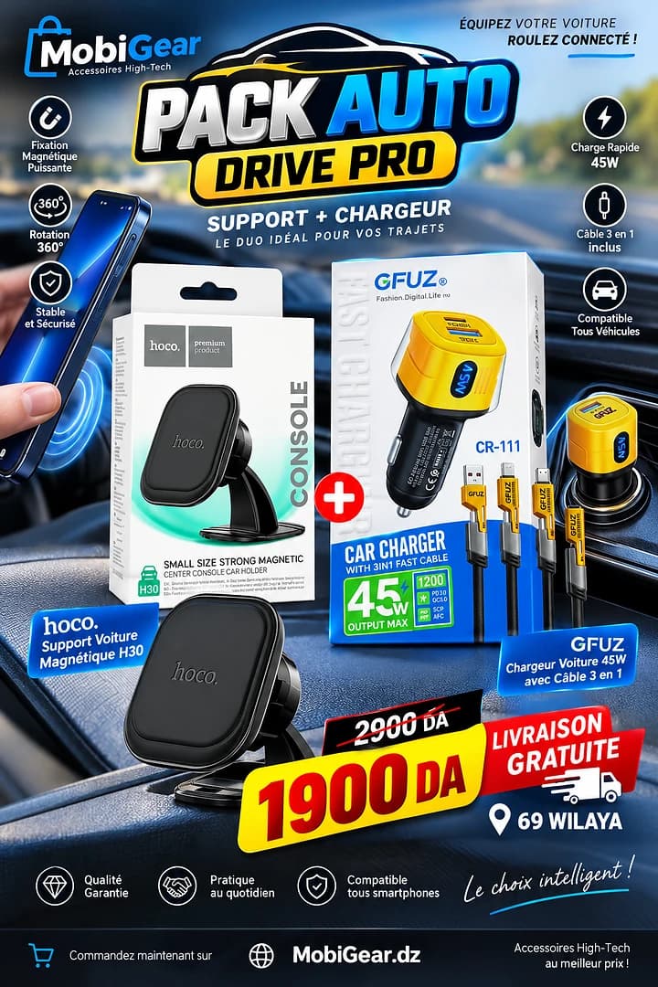 Pack auto Essential Support auto Hoco + Cable 4in1 Gfuz + Boit 45w Gfuz