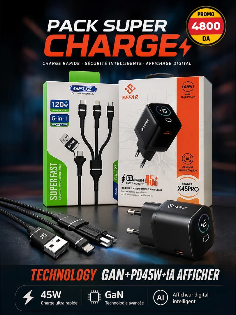 Chargeur Sifar IA Aficheur+PD45w+GAN Technology + Cable 5in1 Gfuz Offert
