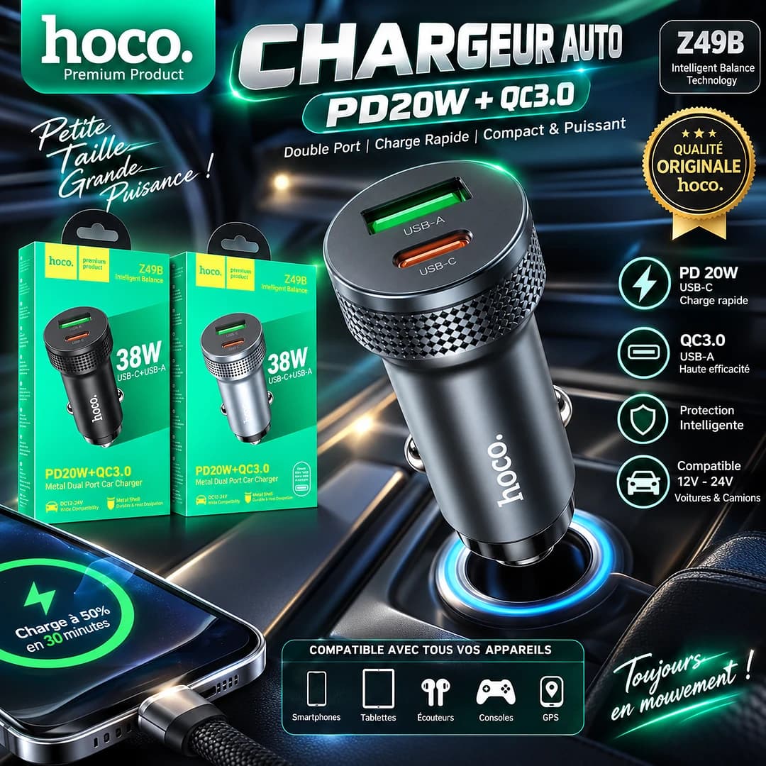 HOCO Z49B – Chargeur de voiture PD+QC 38W Double Port / Set (1C1A) Noir métal