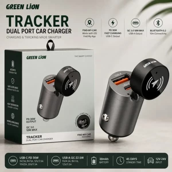 Green Lion Tracker – Chargeur de Voiture Double Port PD 30W + QC 22.5W avec Traceur Bluetooth