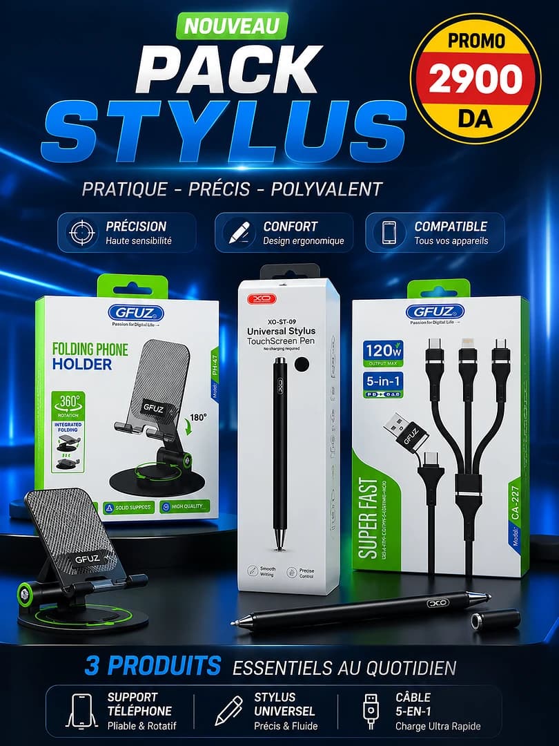Pack Stylus XO + Cable 5ina 1 Gfuz 120w + Support Bureau Gfuz Cadeau