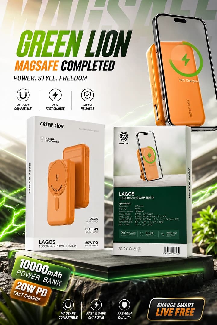 Green Lion Lagos – Power Bank MagSafe 10000 mAh Fast Charge PD 20W+Qc3.0 Fast 22.5