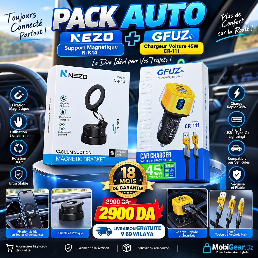 PACK AUTO PREMIUM 45W SUPPORT 360 Nezo + Cable 4in1 Gfuz+ Boite 45w Gfuz